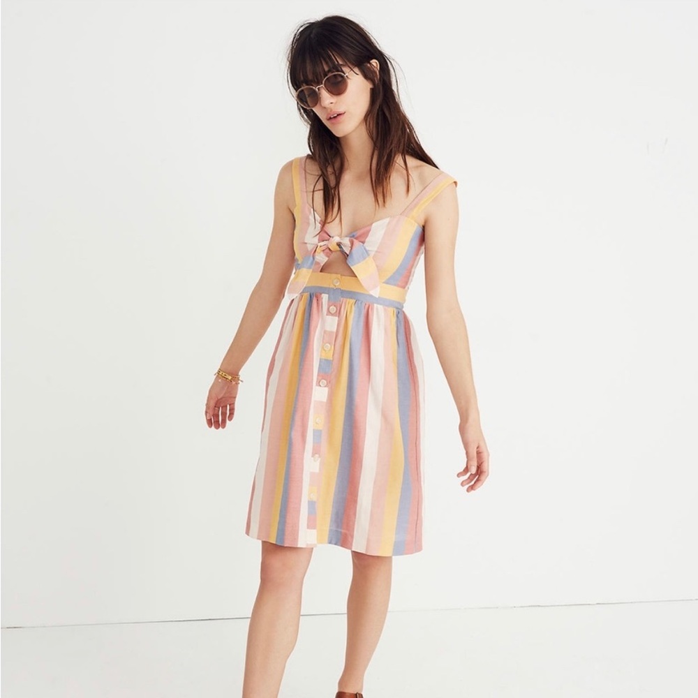 Madewell Tie-Front cut out Striped Dress in Sherbet 100% cotton